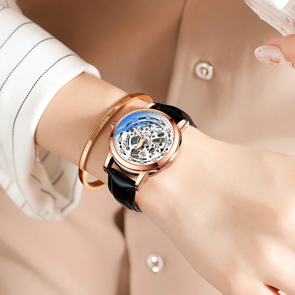 Relojes de pulsera Tourbillon esqueléticos de cuarzo impermeables para mujer 