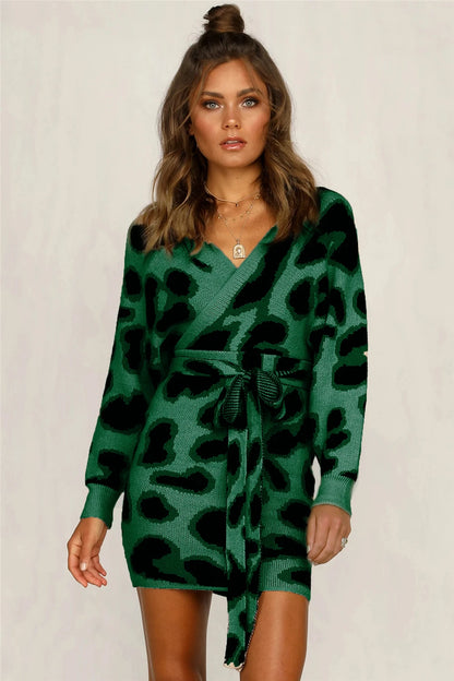 Autumn Women Leopard Knitted Mini Tunic Wrap Dress