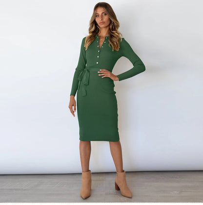 Women Turn-down Collar Ribbed Elastic Knitted Dress