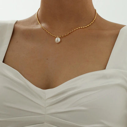 Titanium With 18K Gold Beads Real Pearl Choker Necklace