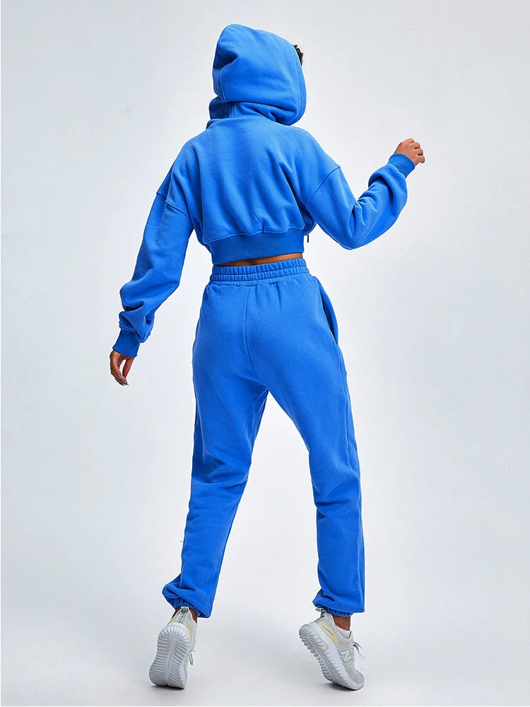 Women Solid Bright Colors Athflow Style Crop Hoodie Two Piece Suit