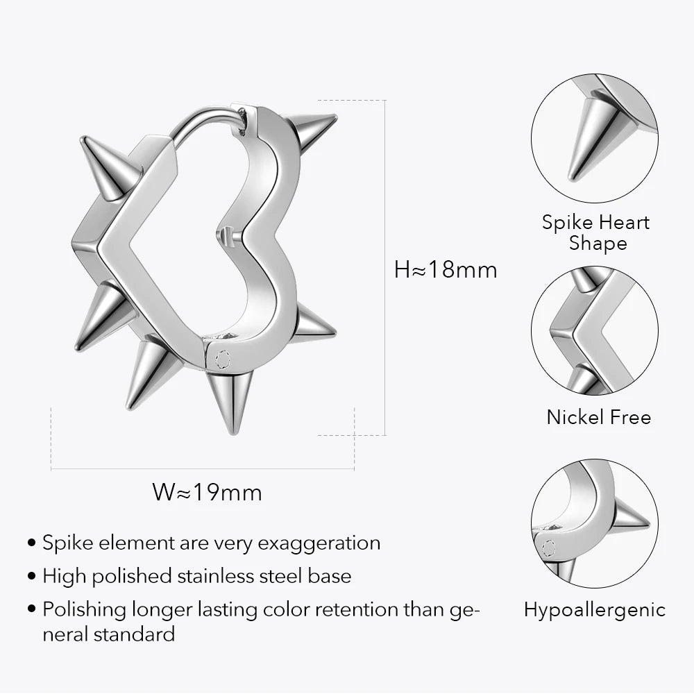 Spike Heart Shape Stainless Steel Silver Color Hoop Earrings