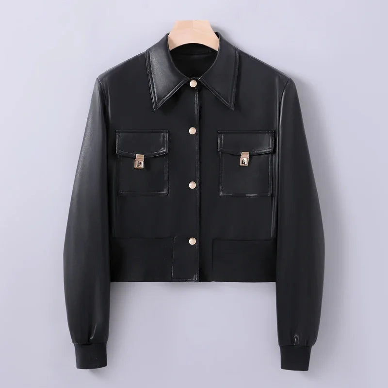 Leather Jacket with Button, Turn-Down Collar, - ZUNILO