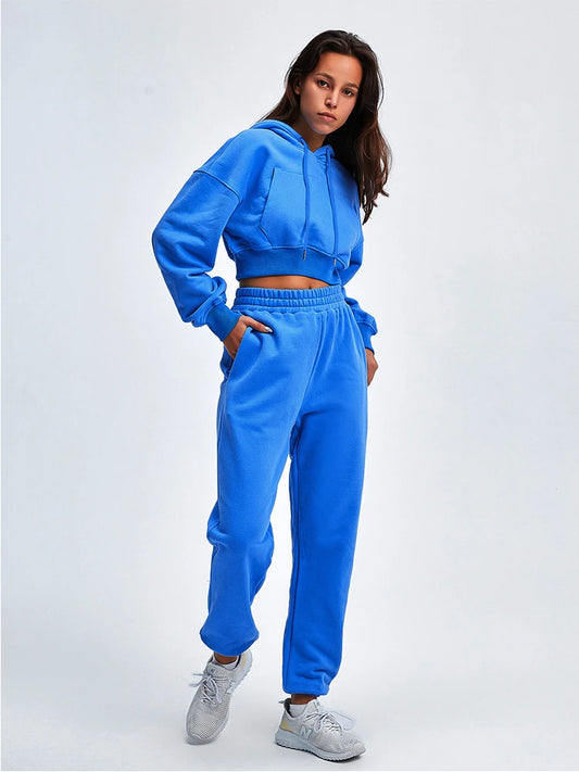 Women Solid Bright Colors Athflow Style Crop Hoodie Two Piece Suit
