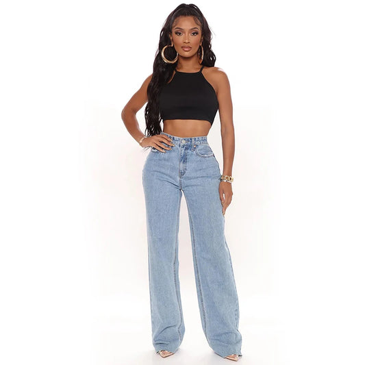Blue Washed Mom Jeans Straight Pants - ZUNILO