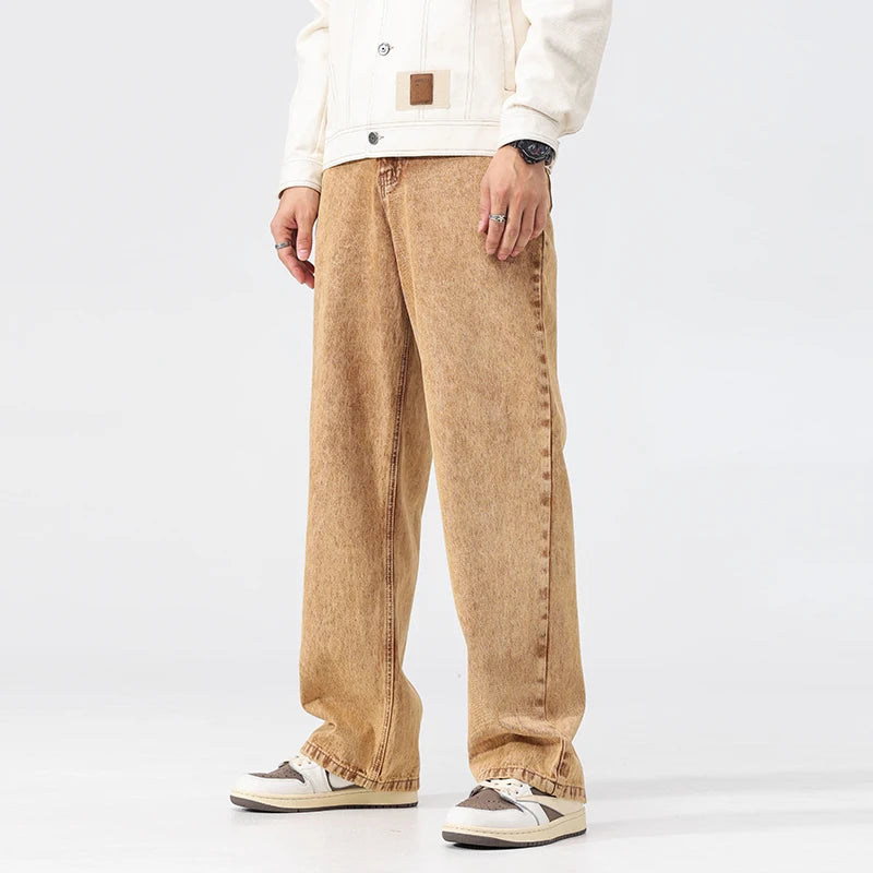 Retro luźne brązowe spodnie męskie z szerokimi nogawkami i prostymi nogawkami