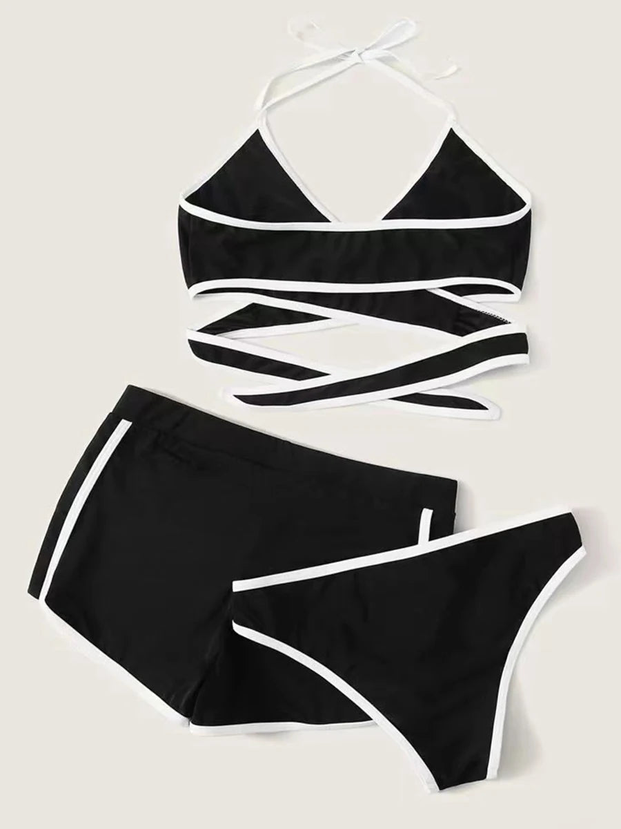 Halter String 3 Piece Triangle Bikini Shorts Swimsuit Beach wear