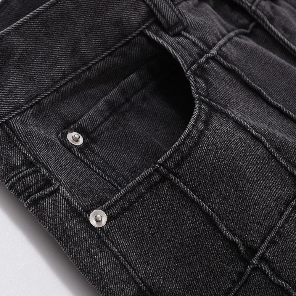 Men's Jeans Pressing Line Lattice Retro Washed  Denims Pant
