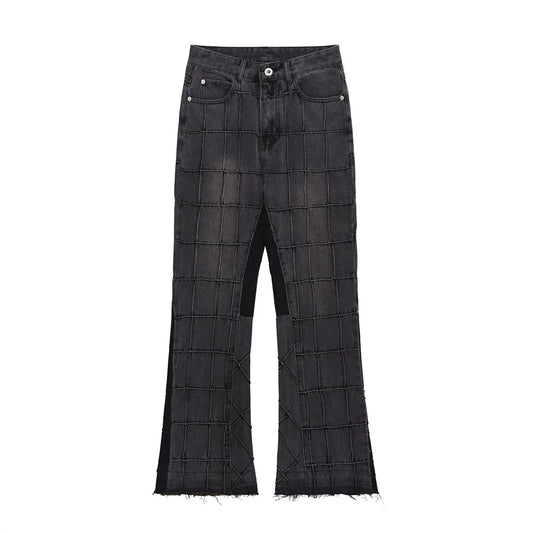 Męskie dżinsy z prasowaną linią kraty Retro sprane spodnie dżinsowe