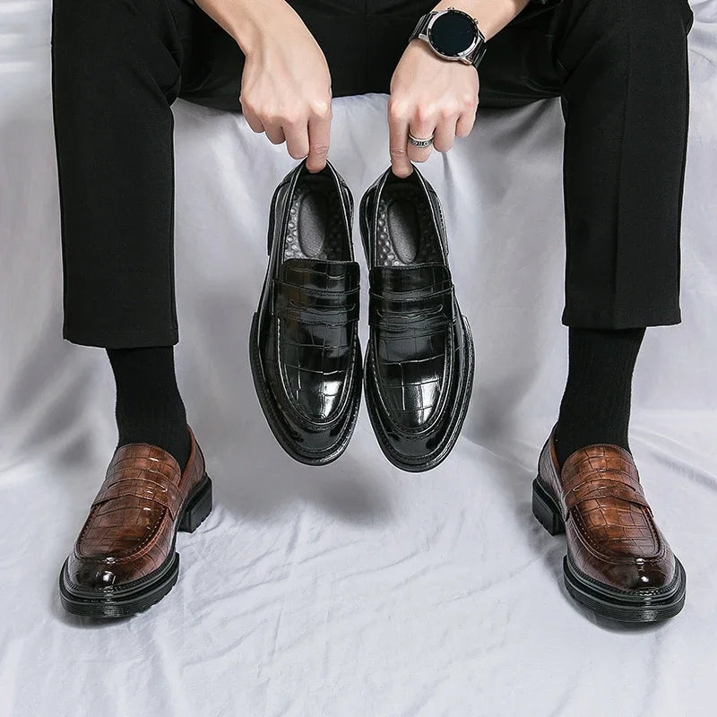 Black Loafers for Men Stone Pattern Formal Shoes