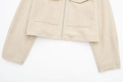 Zapinana na zamek pluszowa tweedowa krótka kurtka w stylu vintage