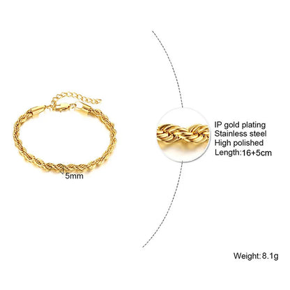5mm Twisted Gold Plated Titanium Stainless Steel Bracelets