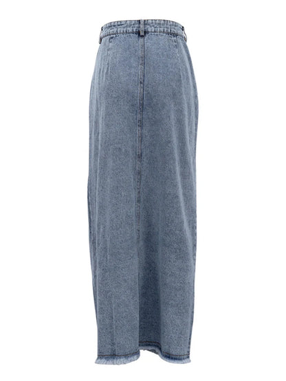 High Waist Vintage Solid A-Line Slit Maxi Denim Skirt
