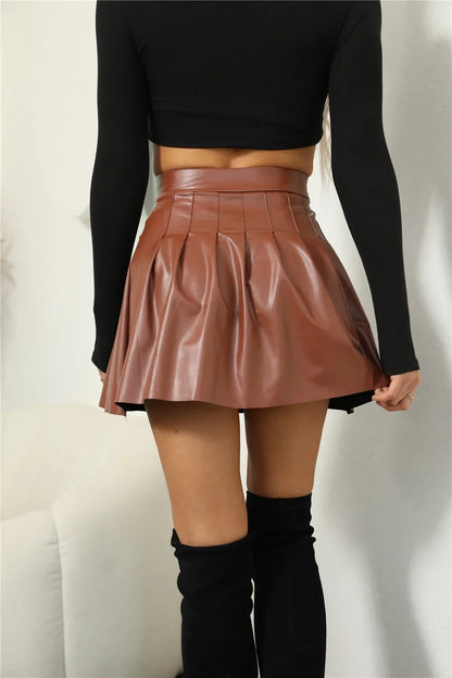 Pleated Faux Leather Women's Mini Skirt