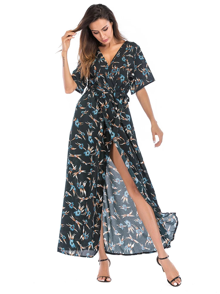 Women's Summer Casual Floral Feather Print Loose Wrap Dress