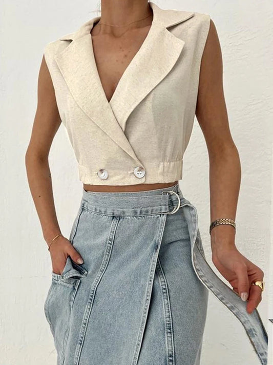 Solid Khaki Linen Sleeveless V-neck Vest Crop Top