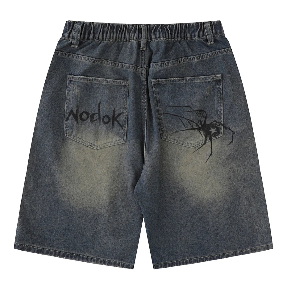 Blue Denim Spider Cobweb Printed Summer Loose Casual Jeans Shorts for Men