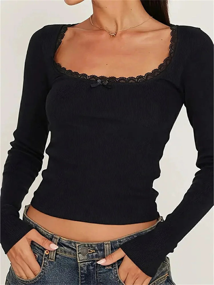 Lace Square Collar  Pullover Crop top