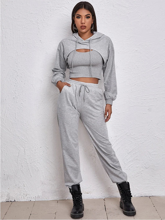 Women Athflow Style Hoodie Three-piece Solid Crop Bare Midriff Sweatshirt Athleisure Vest And Pant
