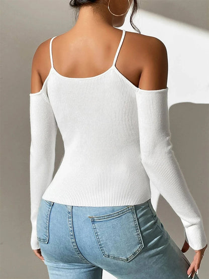 Ribbed Knit Cross Neck Sweat Top