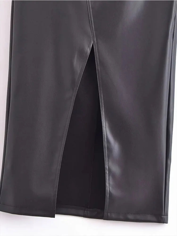 Elegant Front Slit Faux Leather Midi Skirt