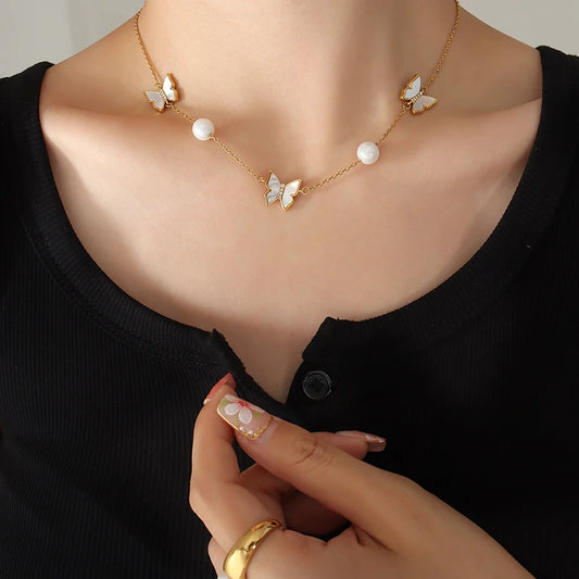 Butterfly Imitation Pearl Necklace