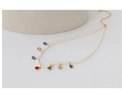 Collar de perlas reales naturales con cuentas de circonita de colores 