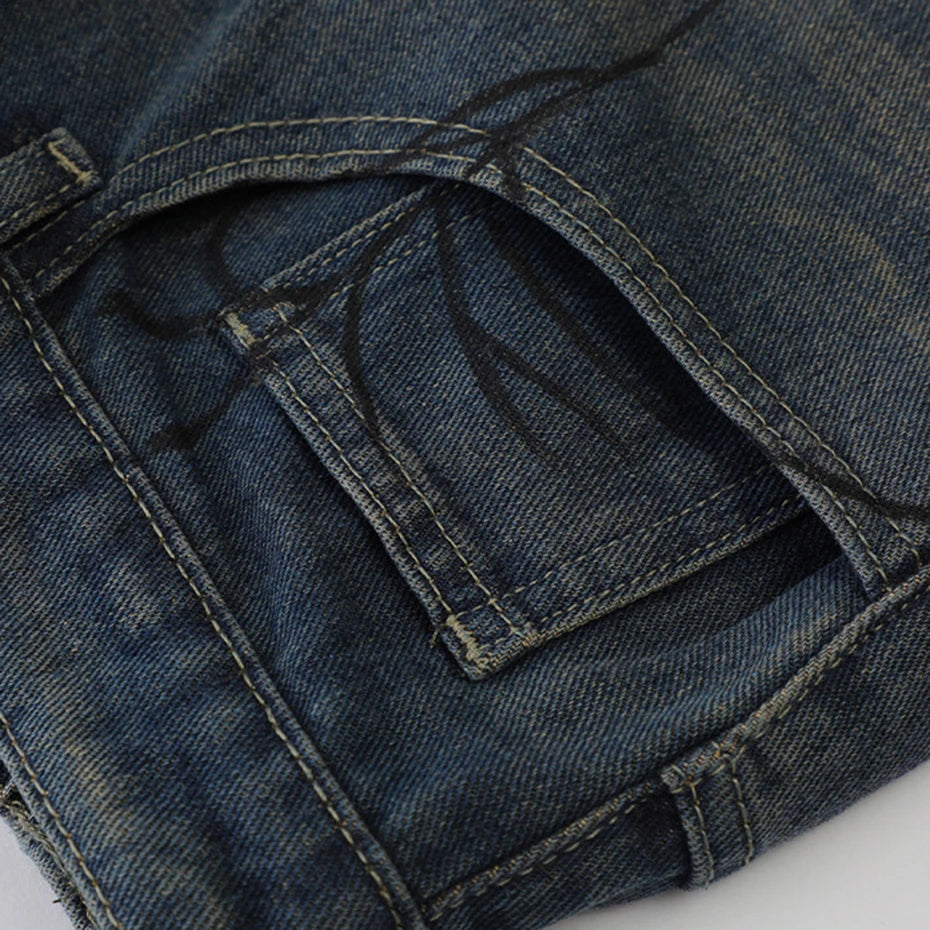 Blue Denim Spider Cobweb Printed Summer Loose Casual Jeans Shorts for Men