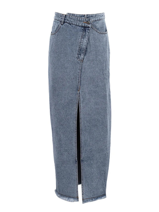 Dżinsowa spódnica maxi z wysokim stanem i rozcięciem w kształcie litery A 