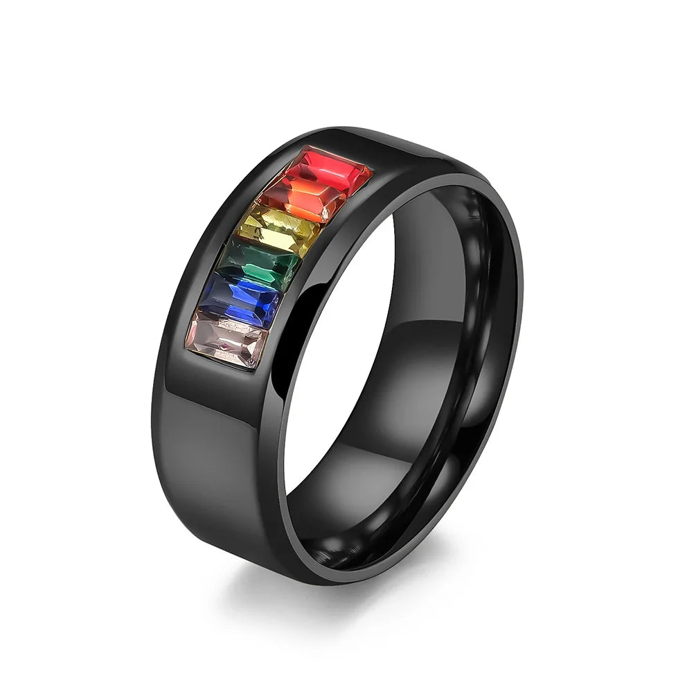 High Polished 8mm Silver Plated Rainbow Rhinestone Titanium Stainless Steel Ring