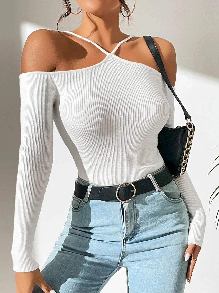 Ribbed Knit Cross Neck Sweat Top