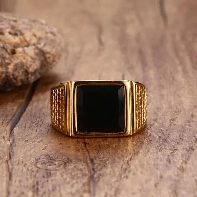 Black Stone Mens 18k Gold Signet Ring,