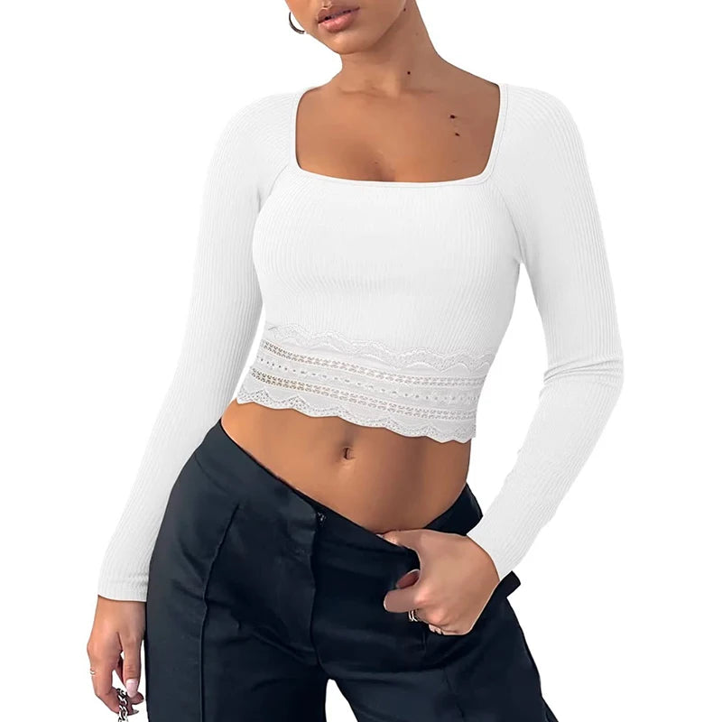 Ribbed Long Sleeve Lace Patchwork Crop Top