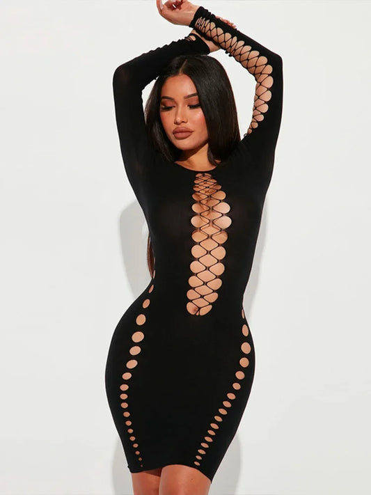 Sexy Mini  Full Sleeve Bodycon Net Dress