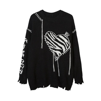 Gotycki sweter w kształcie serca w stylu vintage z rozdartymi motywami grunge