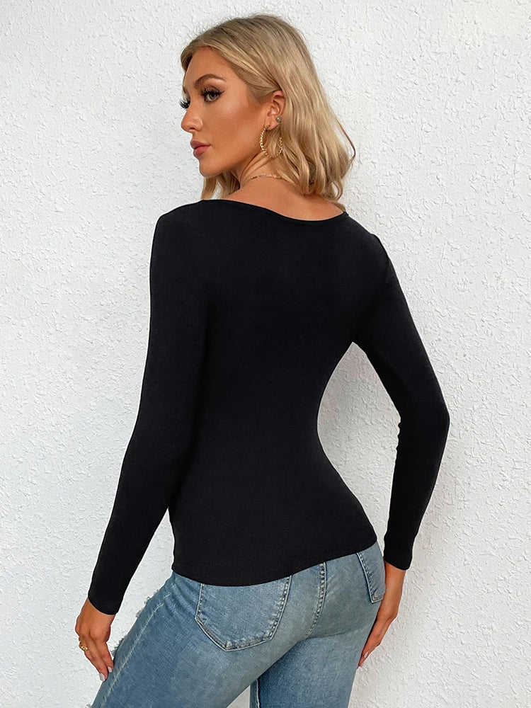 Women Fashion Hollow Out Ribbed Knitted Elastic Long Sleeve T-shirt