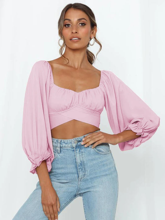 Long Sleeve Crop and Square Neck T Shirt