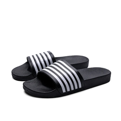 Men's Black and White Striped Flat Slippers