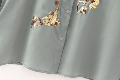 Sequin Long Satin Button up Shirt