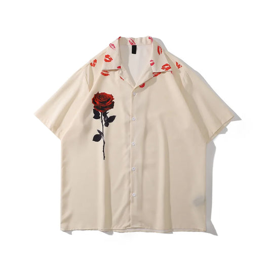 Lips Rose Printed Button Down Collar Men's Hawaiian Shirts
