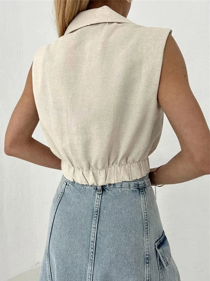 Solid Khaki Linen Sleeveless V-neck Vest Crop Top