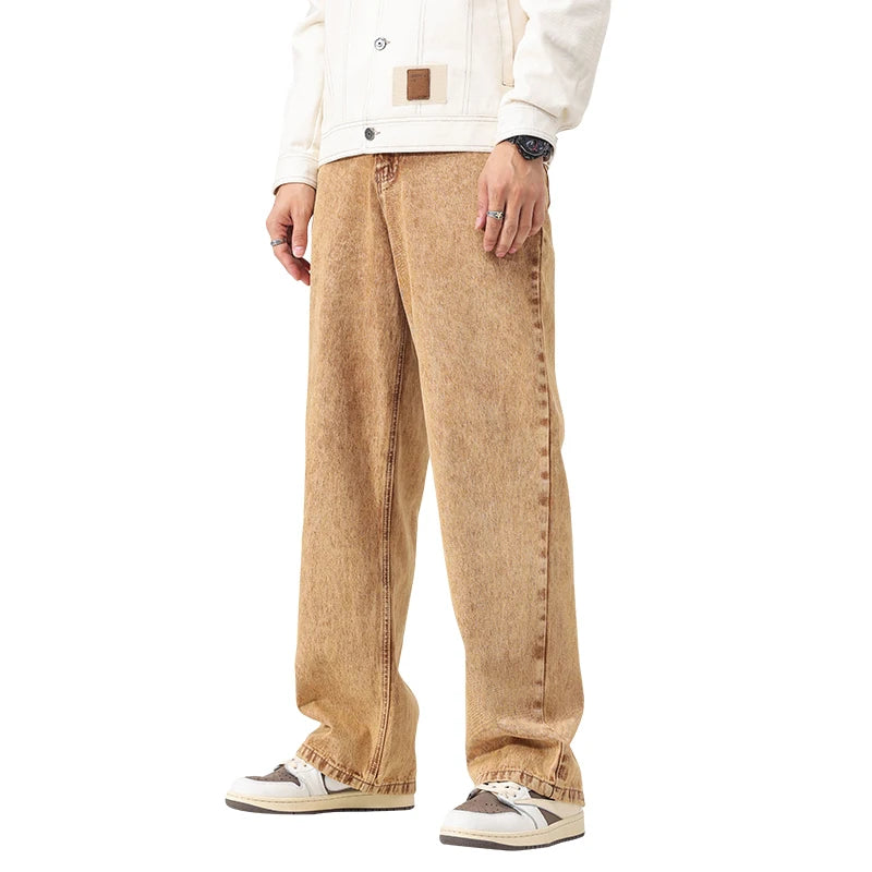 Retro luźne brązowe spodnie męskie z szerokimi nogawkami i prostymi nogawkami