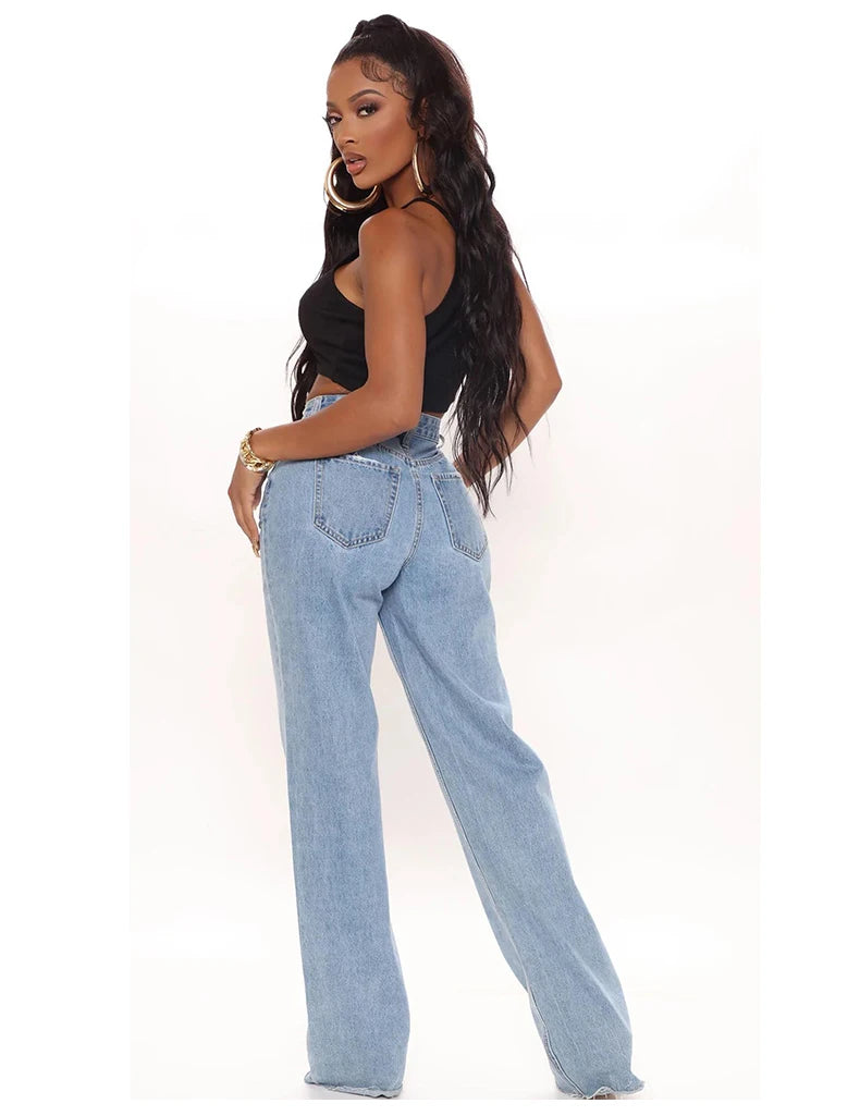 Blue Washed Mom Jeans Straight Pants - ZUNILO