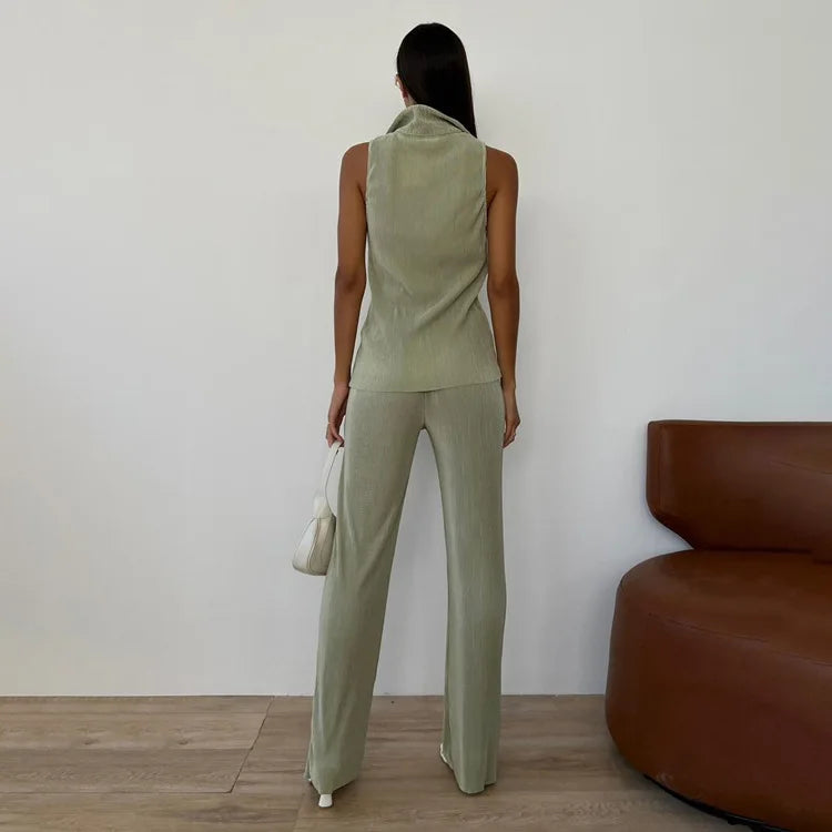 Dwuczęściowy zestaw Elegancki podkoszulek bez rękawów + plisowane spodnie 
