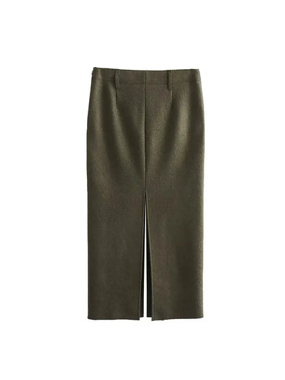 Split Design Wool Midi Casual Slim Fit Skirt