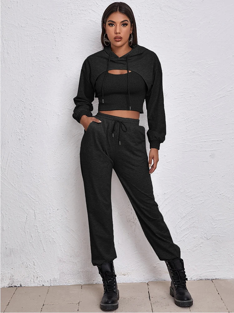Women Athflow Style Hoodie Three-piece Solid Crop Bare Midriff Sweatshirt Athleisure Vest And Pant