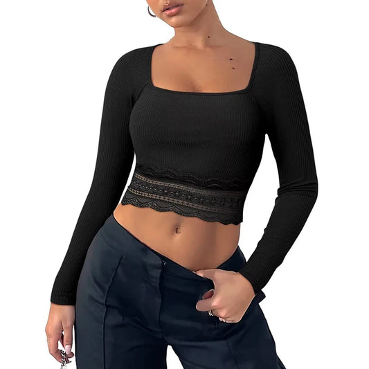 Ribbed Long Sleeve Lace Patchwork Crop Top