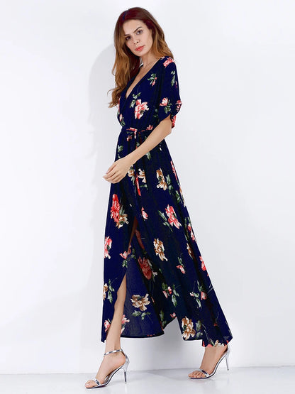 Women's Summer Casual Floral Feather Print Loose Wrap Dress