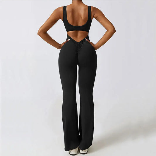 Rompers Stretch Push Up Workout Bodysuits With Flared pants - ZUNILO