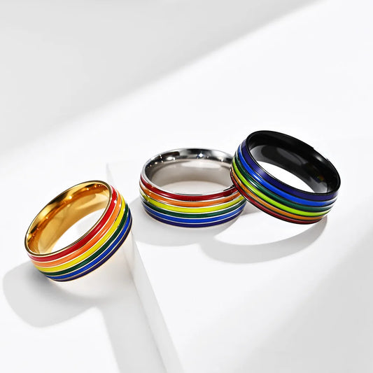 8MM kolor tęczy złoty / czarny / posrebrzane pierścienie ze stali nierdzewnej dla